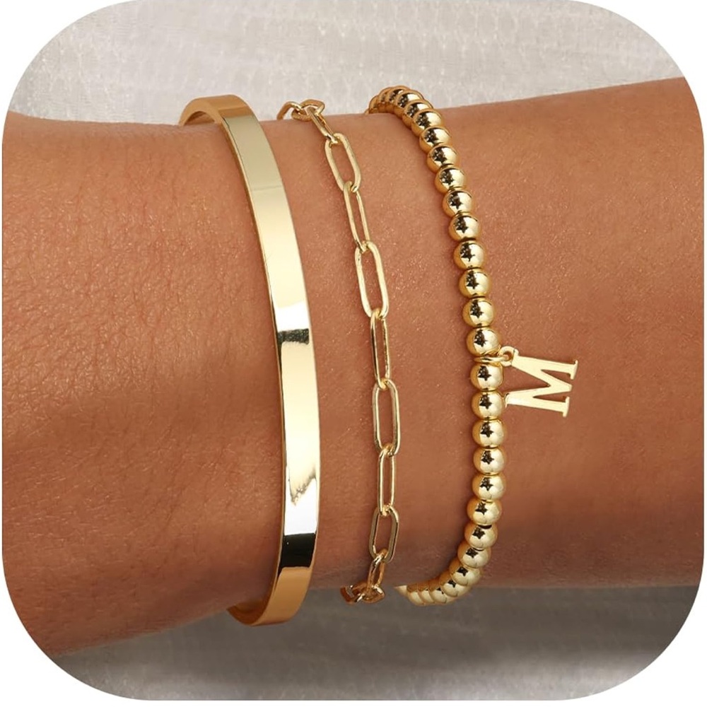 🎉HP🎉 AOZEL Gold M Initial Bracelet Set 14K Gold Stackable Beaded Non Tarnish